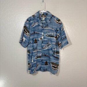 Kalaheo Hawaiian Shirt Mens Large Blue Pearl Harbor USS Arizona Aloha Made USA